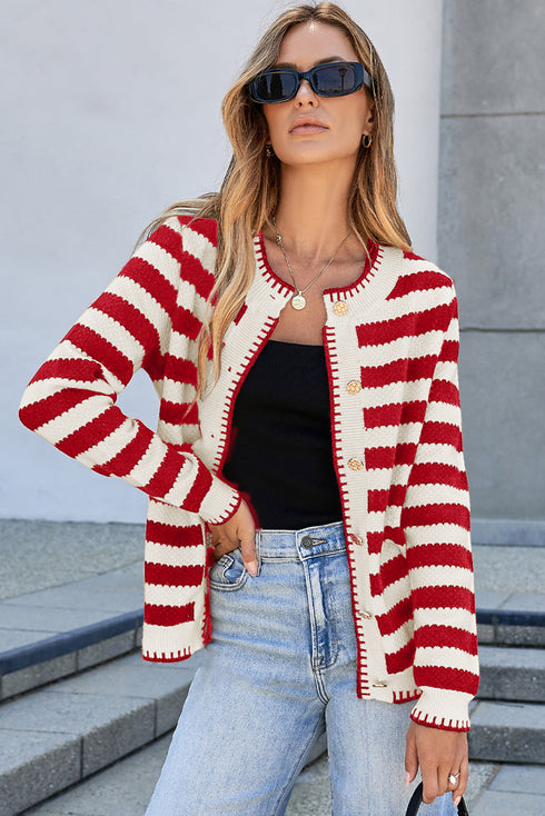 Gold-Tone Button Stripe Pattern Crew Neck Long Sleeve Knit Cardigan Sweater